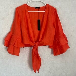 Revolve Krisa NWT Linen Cropped Top Tie Front Ruffle Sleeve Women’s‎ Medium